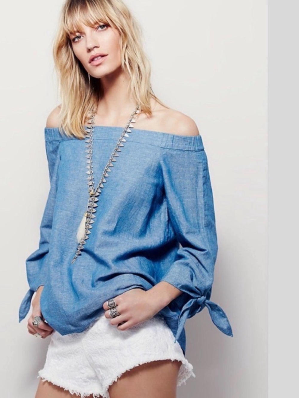 Free People Blue Chambray Linen Blend Show Me Some Shoulder Top Medium